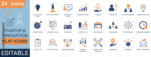 Startup and innovation icon set in flat style. Includes business growth, funding, strategy, teamwork, productivity, and more. Perfect for presentations and UI UX design.