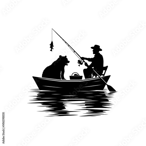 Black silhouette vector of a person sitting in a rowboat with a fishing bear on white background