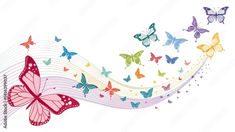 Fototapeta premium butterflies flying in wave like pattern with white backdrop , a sense of movement and freedom