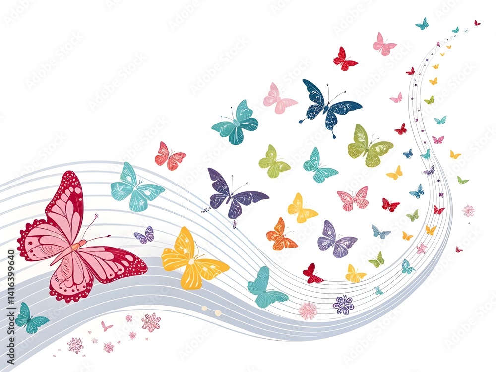 butterflies flying in wave like pattern with white backdrop , a sense of movement and freedom butterflies flying in wave like pattern with white backdrop , a sense of movement and freedom