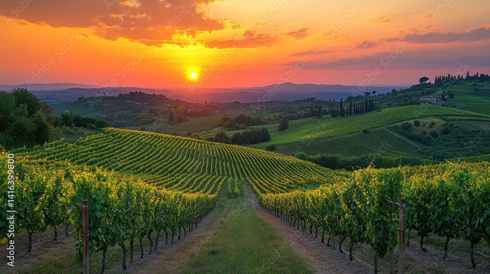 custom made wallpaper toronto digitalTuscan Vineyard Sunset: A breathtaking panorama of rolling hills, vineyards bathed in the golden light of sunset, creating a picturesque scene of serenity and natural beauty.