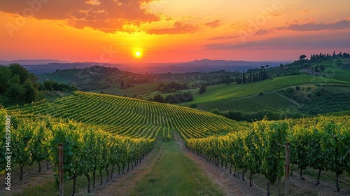 Wallpaper Mural Tuscan Vineyard Sunset: A breathtaking panorama of rolling hills, vineyards bathed in the golden light of sunset, creating a picturesque scene of serenity and natural beauty. Torontodigital.ca