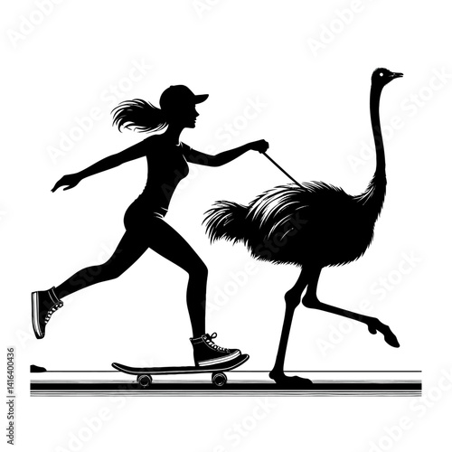 Black silhouette vector of a person skateboarding while holding onto a running ostrich on white background