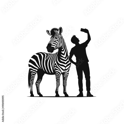 Black silhouette vector of a person taking a selfie with a zebra on white background
