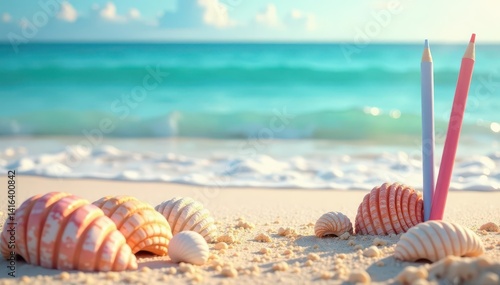 Pastel-colored beach scene with art supplies, seashells , art, colors