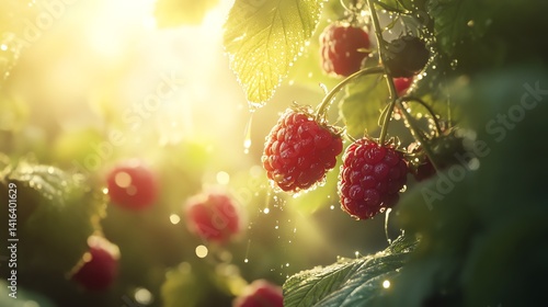 Wallpaper Mural Ripe Raspberries Growing on Vine in Bright Sunlight with Water Droplets Torontodigital.ca