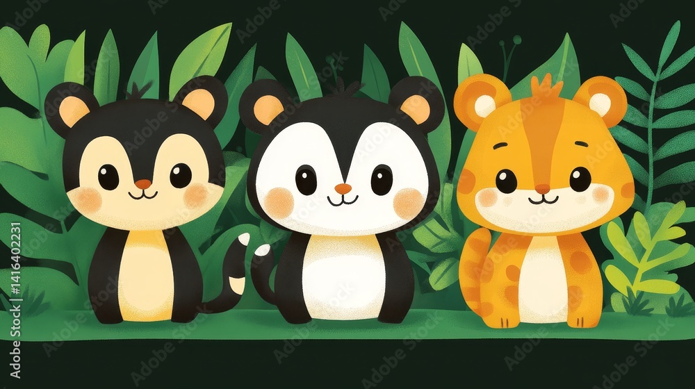 Fototapeta premium Adorable pixel art of cartoon forest animals featuring a black and white skunk a brown bear and a yellow hamster with lush green jungle leaves