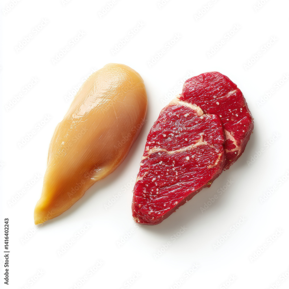 Fresh chicken breast and lean beef on white background, showcasing healthy protein options. isolated on white background Fresh chicken breast and lean beef on white background, showcasing healthy protein options. isolated on white background
