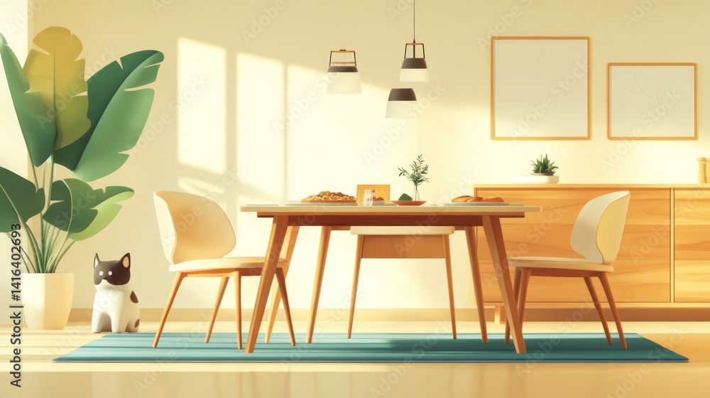 Sunlit dining room with wooden table, chairs, plants, and a cat statue Sunlit dining room with wooden table, chairs, plants, and a cat statue