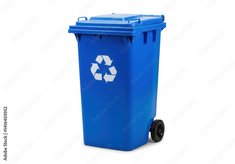 A blue recycling bin with a white recycle symbol on the side isolated on a white background studio shot A blue recycling bin with a white recycle symbol on the side isolated on a white background studio shot