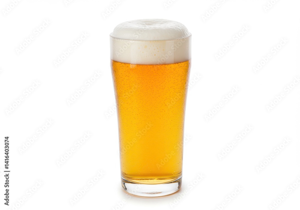 A tall clear glass filled with golden beer and a thick white foamy head on a white background studio shot A tall clear glass filled with golden beer and a thick white foamy head on a white background studio shot