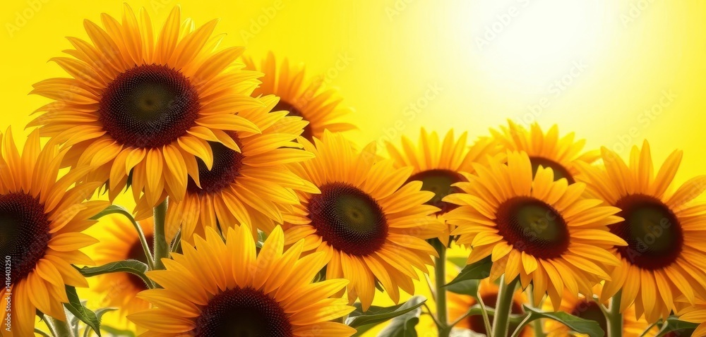 Fototapeta premium Vibrant sunflowers bloom against a sunny yellow backdrop, flowers, yellow background, energy