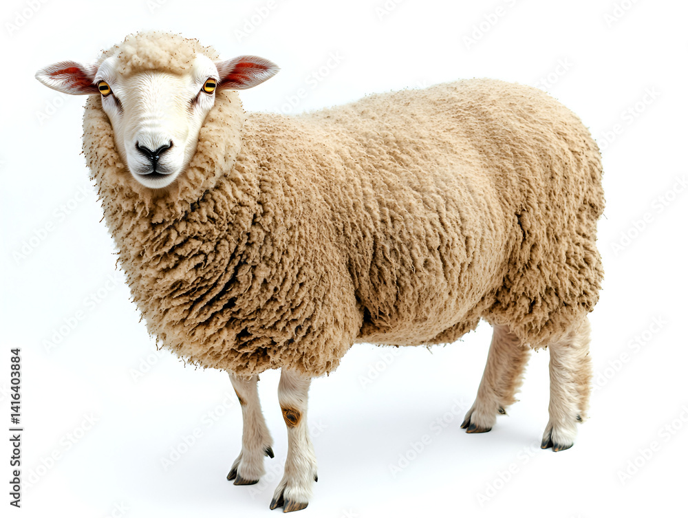 Fototapeta premium A horned sheep, a woolly mammal, stands on a clean white background