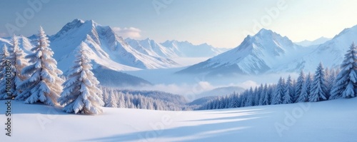 Wallpaper Mural Frosty landscape with snow-covered trees and mountains in the background, tree, frozen, winter landscape Torontodigital.ca