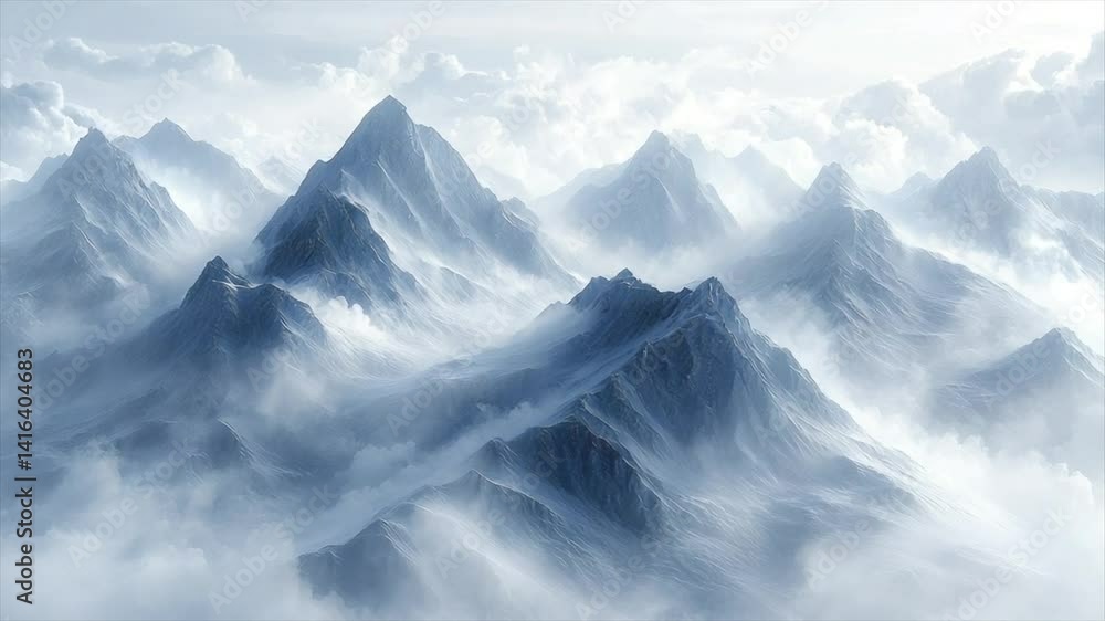 Misty mountain range, peaks shrouded in clouds Misty mountain range, peaks shrouded in clouds
