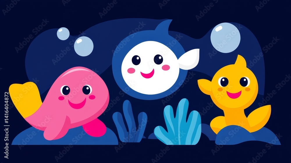 Obraz premium Charming pixelated sea creatures a playful marine scene with whimsical animals and vibrant coral an enchanting underwater world full of joy