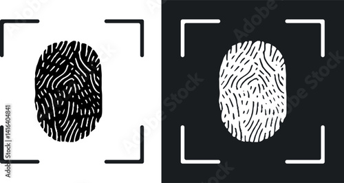 Two fingerprint icons in contrasting black and white backgrounds, representing identity, security, and biometric technology in a minimalist design. Vector illustration.