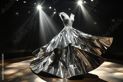 A high-fashion couture dress made entirely of metallic silver fabric, structured into a sculptural form, displayed under dramatic spotlights,  created by ai