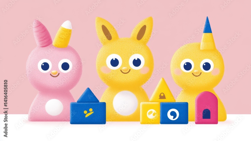 Fototapeta premium Pastel Hues of Playful Plush Animal Toys Arranged With Building Blocks Promoting Child Development Creative Learning Activities and Imagination Playtime Scenes