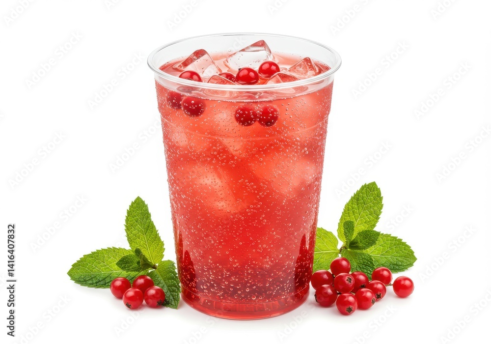 A refreshing drink with red currants ice cubes and mint leaves on a white background in a plastic cup A refreshing drink with red currants ice cubes and mint leaves on a white background in a plastic cup