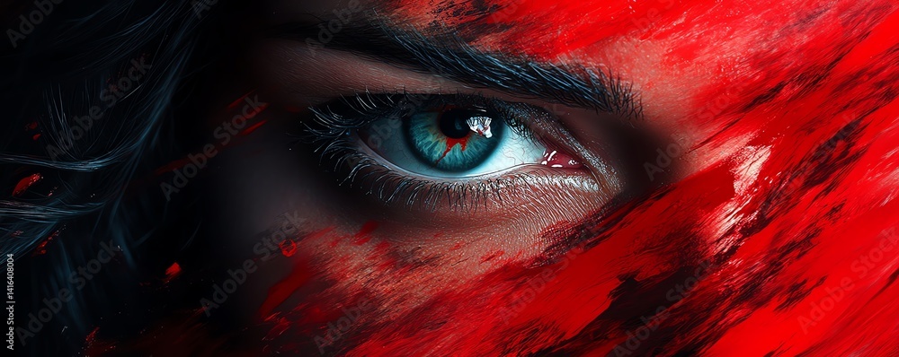 Closeup of penetrating eyes, chaotic red and black background swirling around, conveying a deep emotional connection and strong intrigue