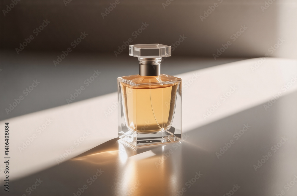 A golden perfume in a clear glass bottle sits on a reflective surface, bathed in sunlight. The light creates dramatic shadows, highlighting the elegant shape of the fragrance. A golden perfume in a clear glass bottle sits on a reflective surface, bathed in sunlight. The light creates dramatic shadows, highlighting the elegant shape of the fragrance.
