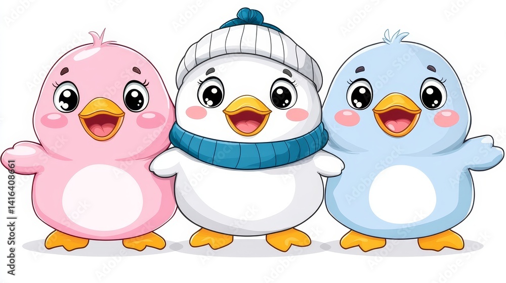 Fototapeta premium Three delightful cartoon penguin characters standing together creating a joyful atmosphere that's perfect for kid's book illustrations