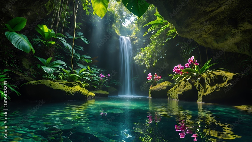 Fototapeta premium Waterfall in tropical jungle with clear pond and pink flower