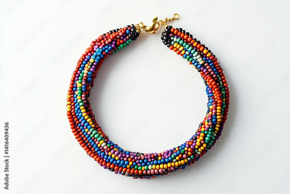 A colorful beaded necklace with a gold clasp, placed on a white background, created by ai A colorful beaded necklace with a gold clasp, placed on a white background, created by ai