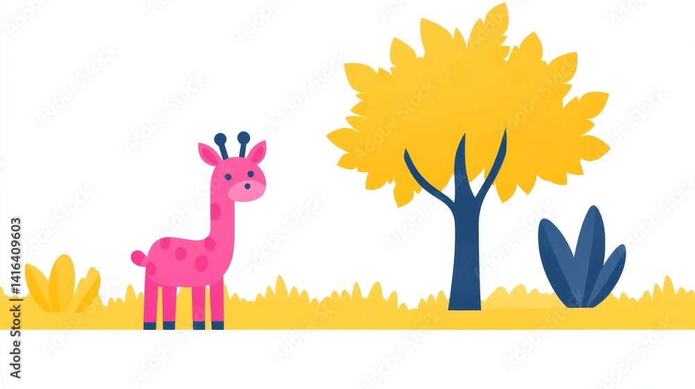 Obraz premium PixelatedGiraffeInNatureSceneRetroGamingVibesCuteCartoonishPinkGiraffeAgainstAVibrantYellowTreeAndBlueBushCreateACharming8BitInspiredDesignSuitableForVariousDigitalApplications