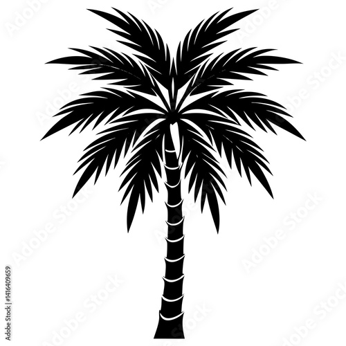 Line art vector silhouette of a palm tree, with a tall trunk and broad leaves
