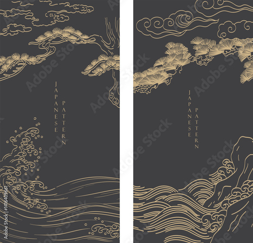 	
Japanese background with Bonsai tree, wave and cloud element template vector. Abstract pattern with card design. Traditional nature layout design in vintage style