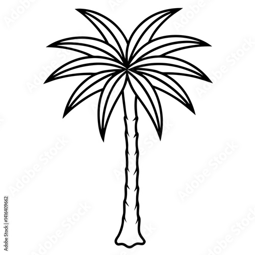 Line art vector silhouette of a palm tree, with a tall trunk and broad leaves