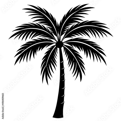 Line art vector silhouette of a palm tree, with a tall trunk and broad leaves