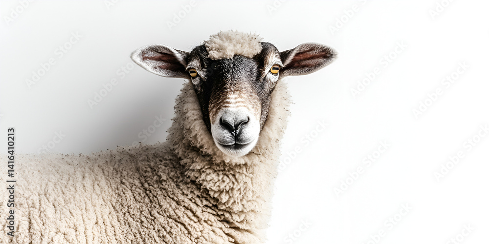Naklejka premium A closeup portrait captures the cute white face of a young sheep, a woolly mammal often found as livestock on a farm