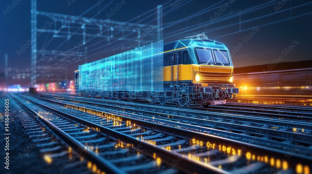 Obraz premium Futuristic train freight digital overlay night