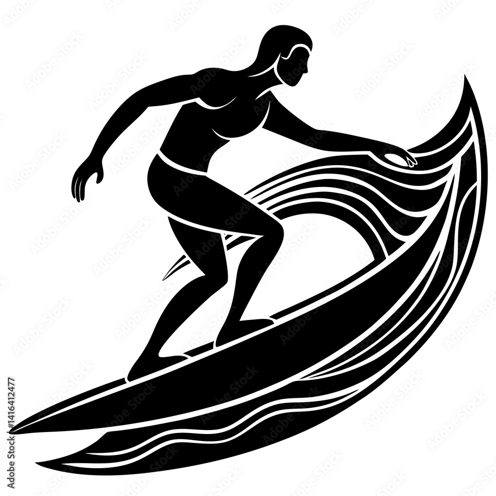 Line art vector silhouette of a person surfing on a wave Line art vector silhouette of a person surfing on a wave