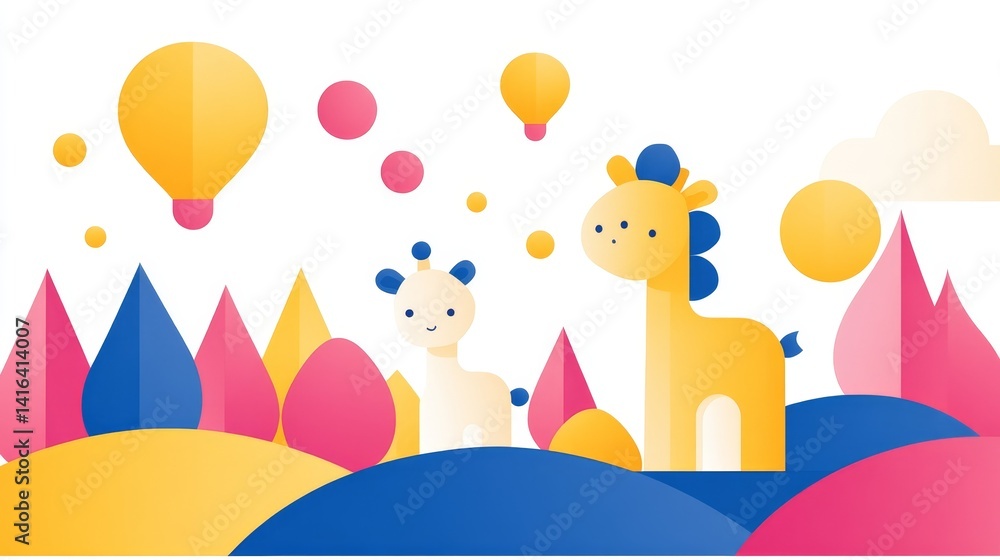 Obraz premium Whimsical animal illustration for children's content featuring giraffe and llama in a fantasy pastel landscape with playful balloons art