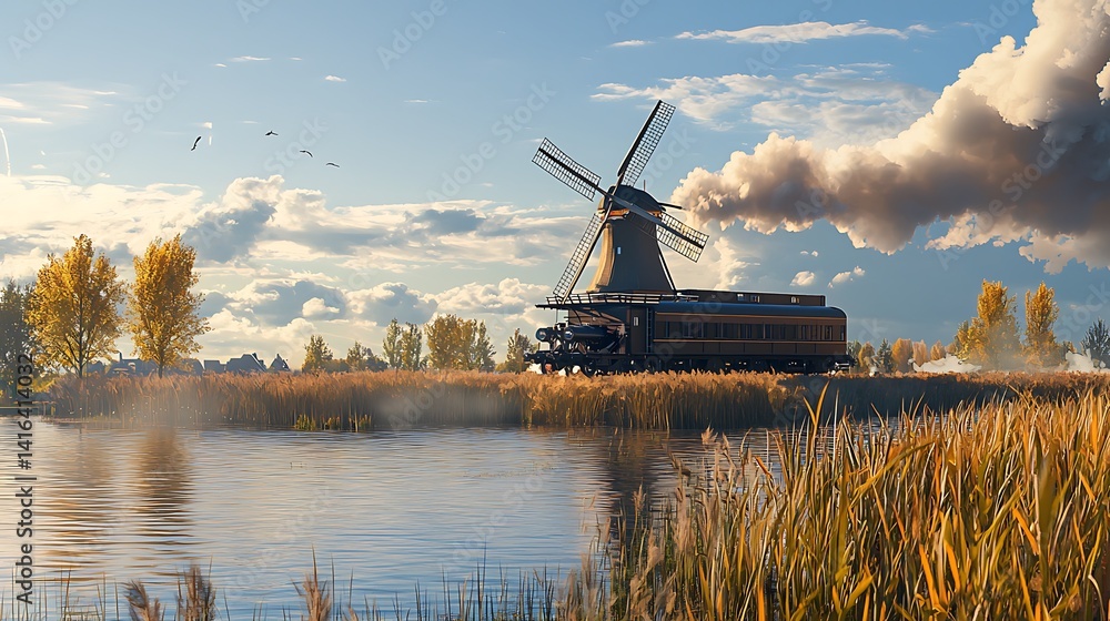 Naklejka premium Vintage train beside windmill by autumn lake.