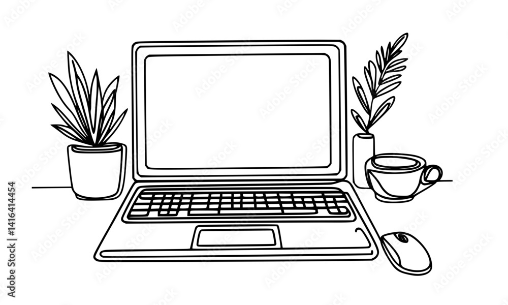 Fototapeta premium Minimalist Workspace Line Art, minimalist workspace illustration featuring a laptop, two potted plants, a coffee cup