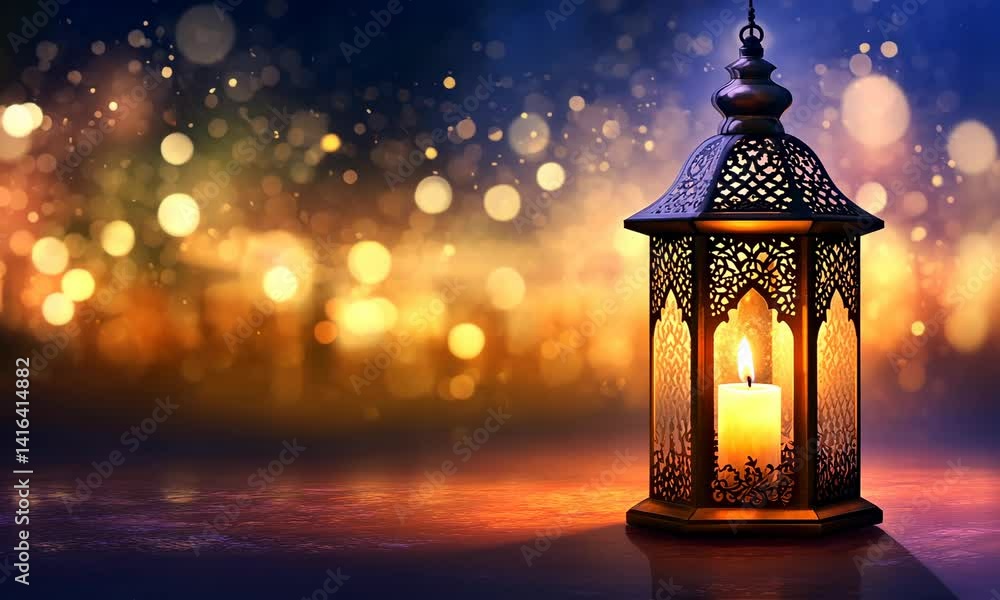 Arabic Lantern With Burning Candle And Bokeh Glowing At Evening Arabic Lantern With Burning Candle And Bokeh Glowing At Evening
