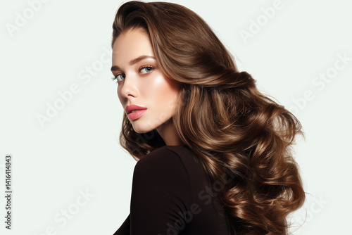 young beautiful woman with wavy long thick hair on light background