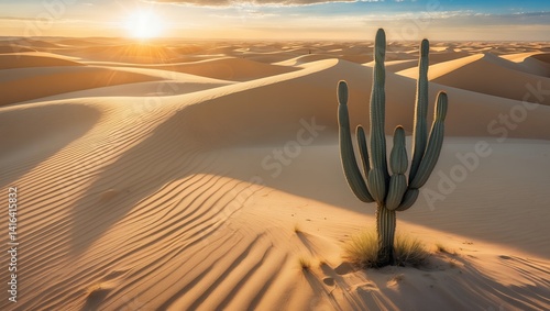 Fototapeta Naklejka Na Ścianę i Meble -  Cactus in desert sand dunes landscape at sunset