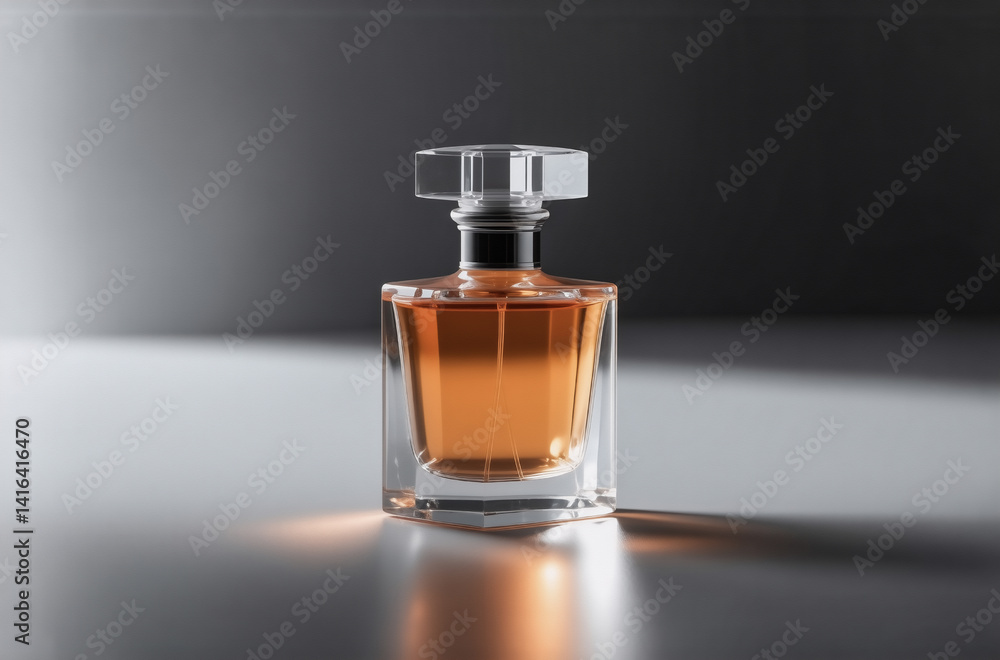 A sophisticated amber perfume in a clear glass bottle sits on a reflective surface, elegantly illuminated by dramatic lighting. A sophisticated amber perfume in a clear glass bottle sits on a reflective surface, elegantly illuminated by dramatic lighting.