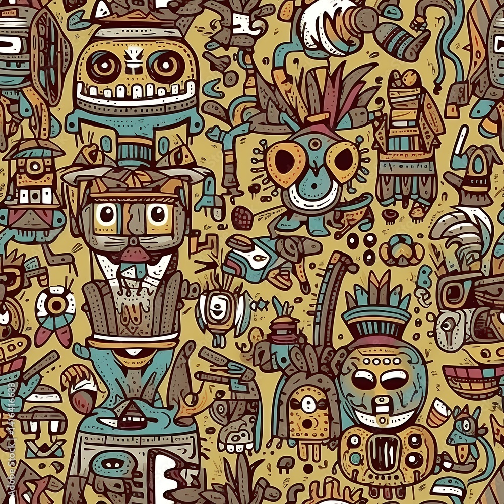 Whimsical Cartoon Character Seamless Pattern in Beige and Brown Whimsical Cartoon Character Seamless Pattern in Beige and Brown