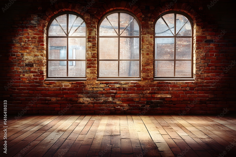 A Trio of Arched Windows Illuminate the Old Brick Room's Wooden Floor A Trio of Arched Windows Illuminate the Old Brick Room's Wooden Floor