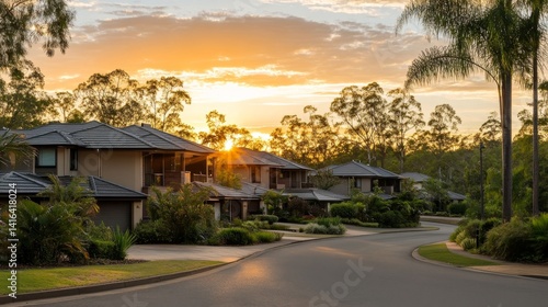 Golden Sunset Over Upscale Suburban Neighborhood