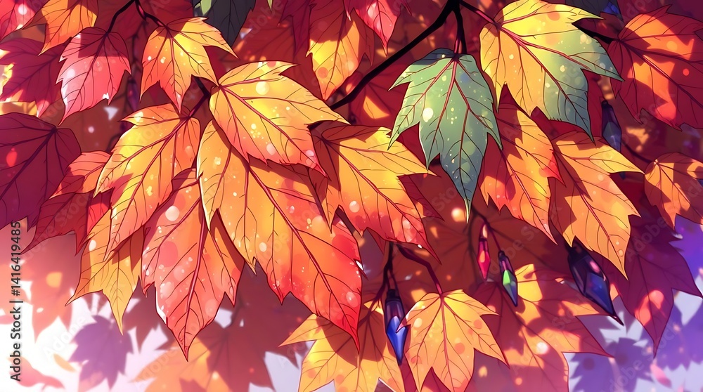 An Isekai anime-style illustration, expressive composition, depicting autumn leaves with iridescent colors and reflections An Isekai anime-style illustration, expressive composition, depicting autumn leaves with iridescent colors and reflections