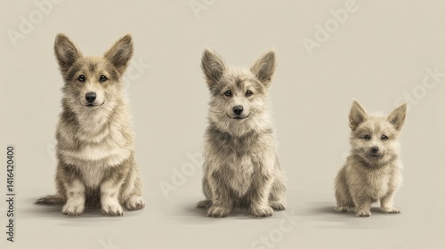 Detailed Colored Pencil Drawing of Three Pembroke Welsh Corgis of Different Sizes Sitting Together Against a Soft Light Beige Background