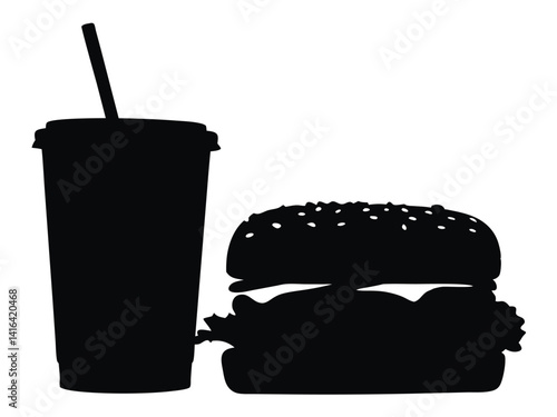 Burger and drink icon, hamburger and soda silhouette vector illustration. silhouette fast food and drink vector design
